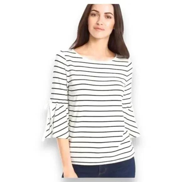 White House Black Market XL Striped Bell Sleeve Blouse with Ribbon Tie - Picture 1 of 11